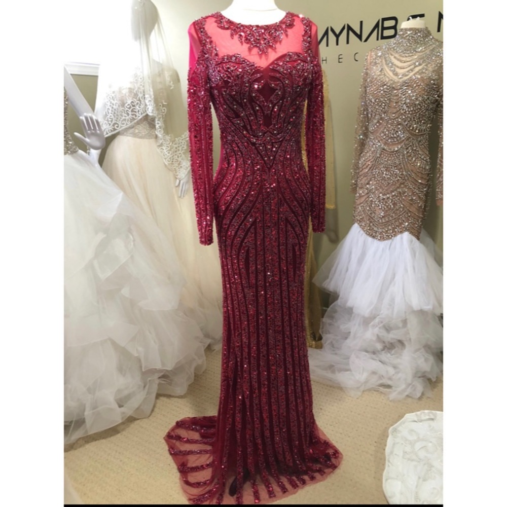Burgundy Long sleeved beaded Evening Gown